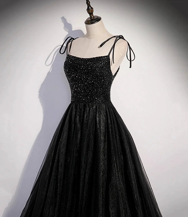 Black tulle beads long prom dress A line evening dress s58 by simplepromdress