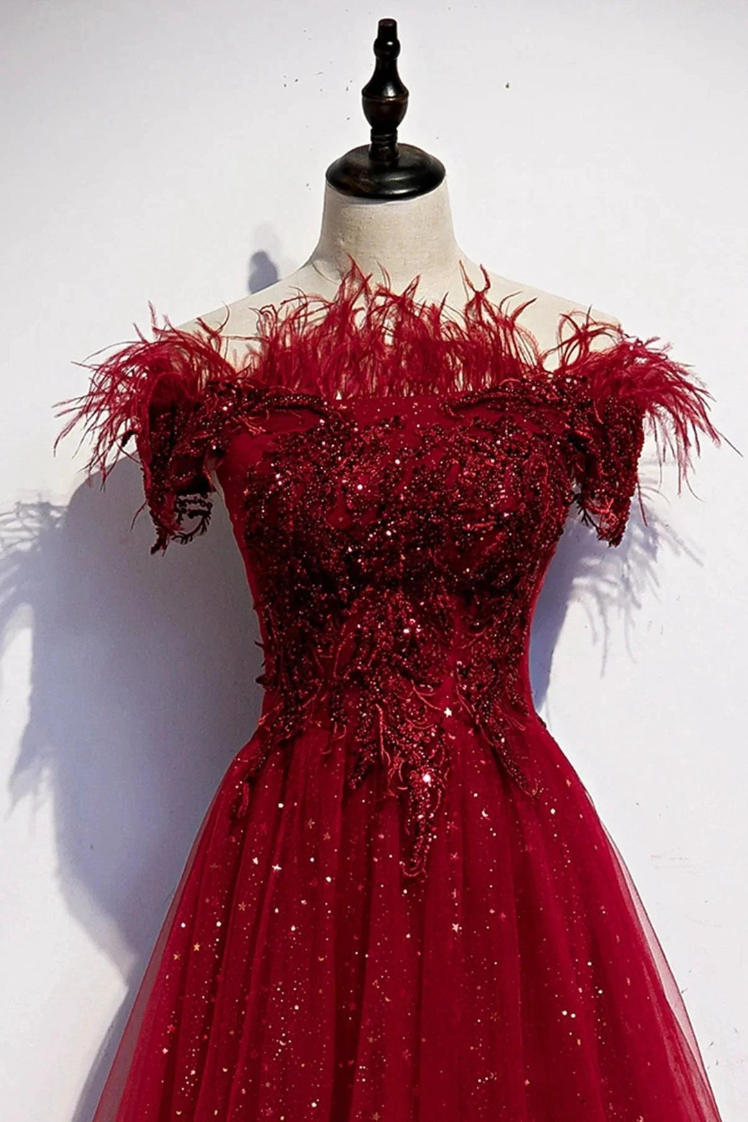 Burgundy tulle sequins long A line prom dress evening dress s69 by simplepromdress