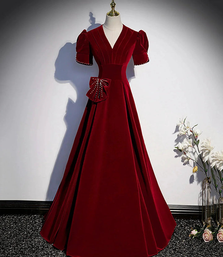 Burgundy v neck long prom dress A line evening dress s54 by simplepromdress