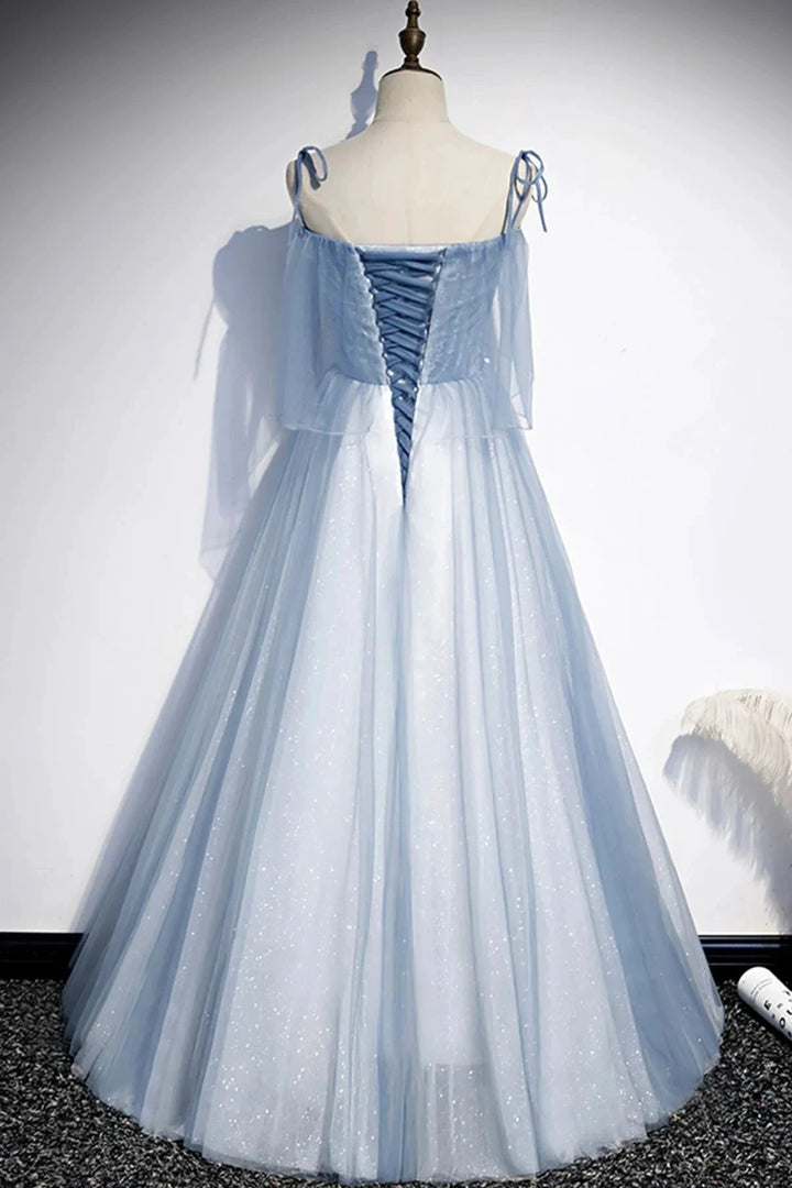 Blue tulle long A line prom dress evening dress s72 by simplepromdress