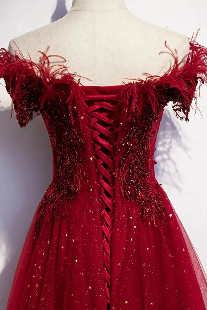 Burgundy tulle sequins long A line prom dress evening dress s69 by simplepromdress