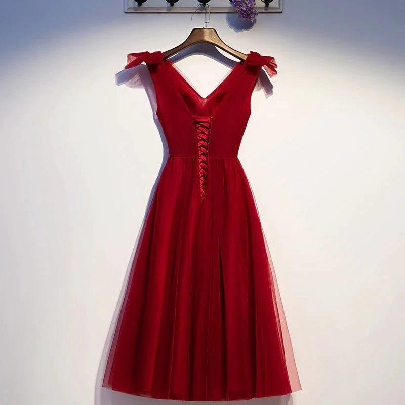 Burgundy v neck tulle short homecoming dress s95 by simplepromdress
