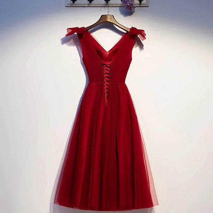 Burgundy v neck tulle short homecoming dress s95 by simplepromdress