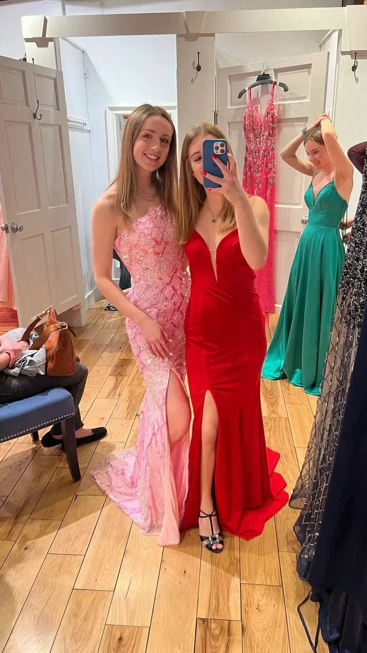 Chic One Shoulder Pink Sequins Evening Dress ,Sparkly Pink Evening Gown Y1633 by simplepromdress