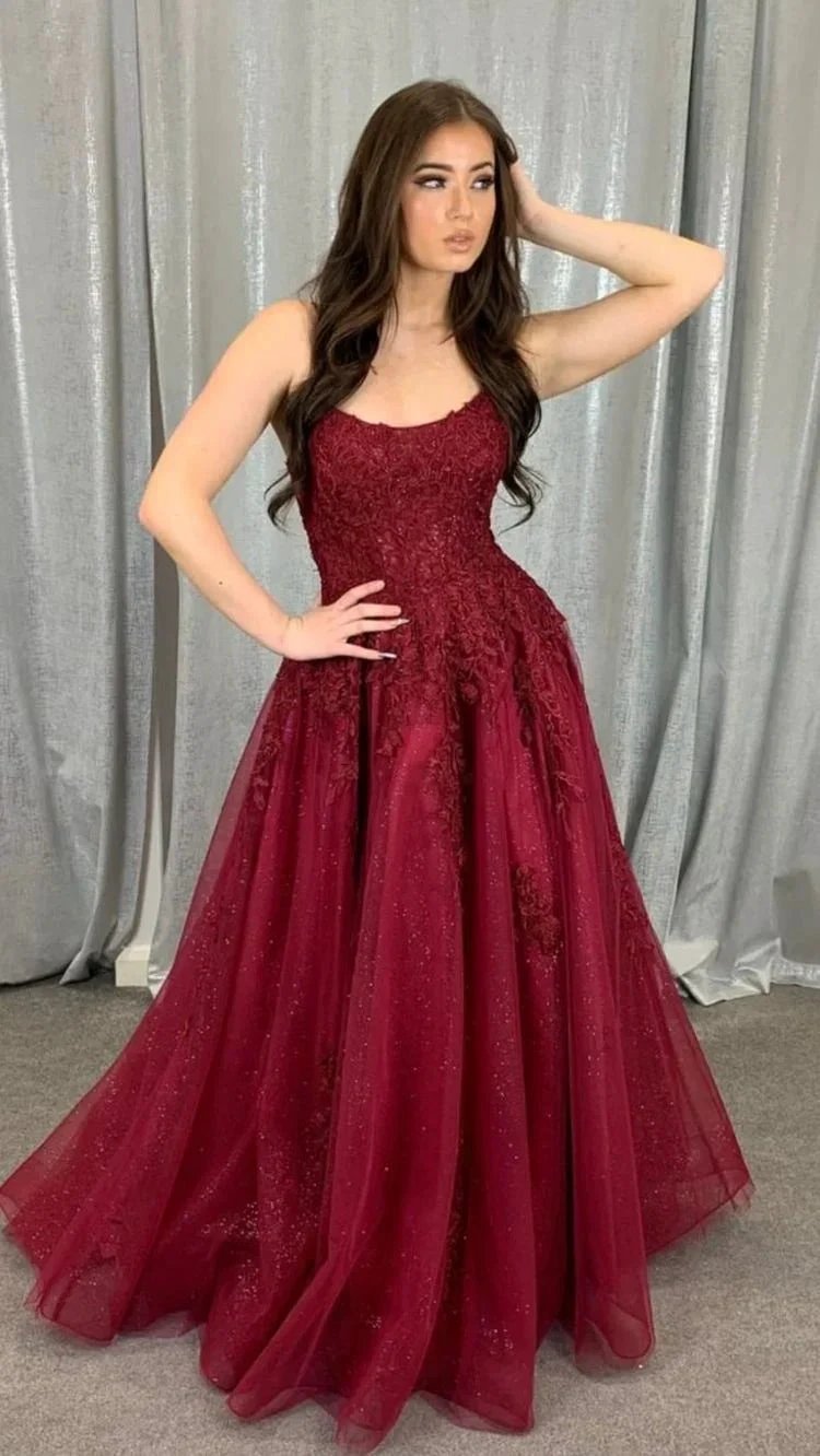Burgundy tulle lace long prom dress A line evening dress Y1546 by simplepromdress