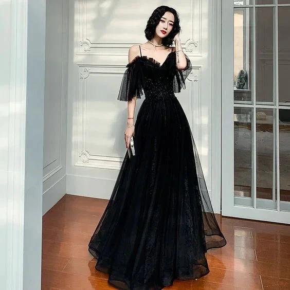 Black tulle lace long prom dress black evening dress Y1894 by simplepromdress