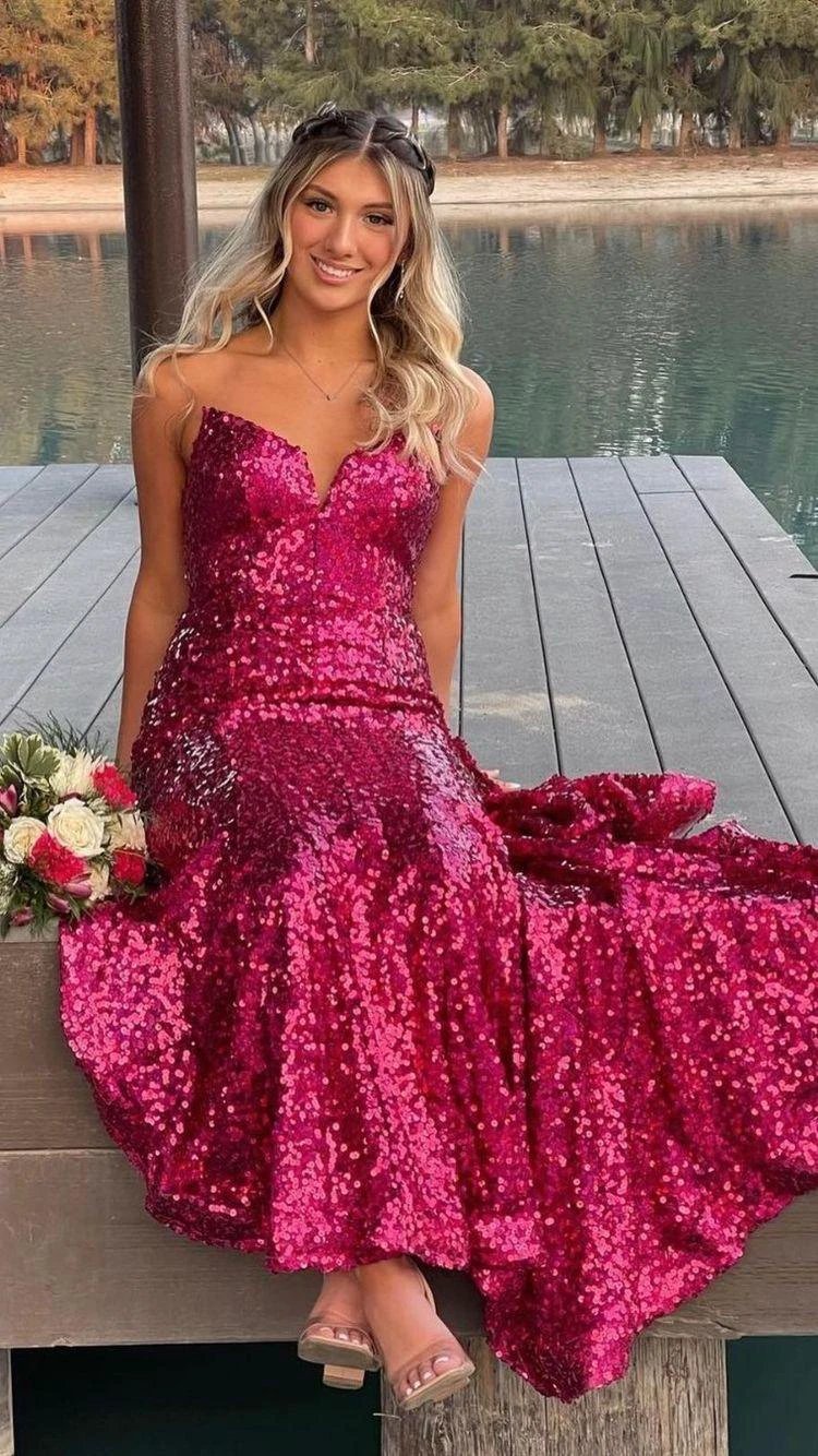 Strapless Fuchsia Sequins Long Prom Dress,Elegant Mermaid Evening Dress Y1876 by simplepromdress