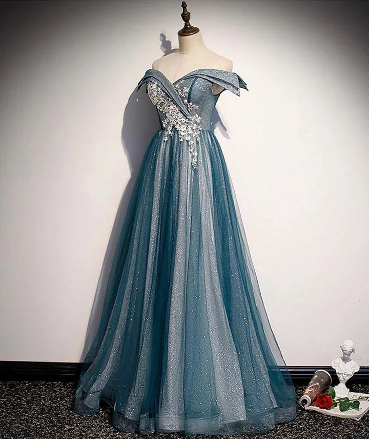 Blue tulle lace long prom dress off shoulder evening dress s105 by simplepromdress