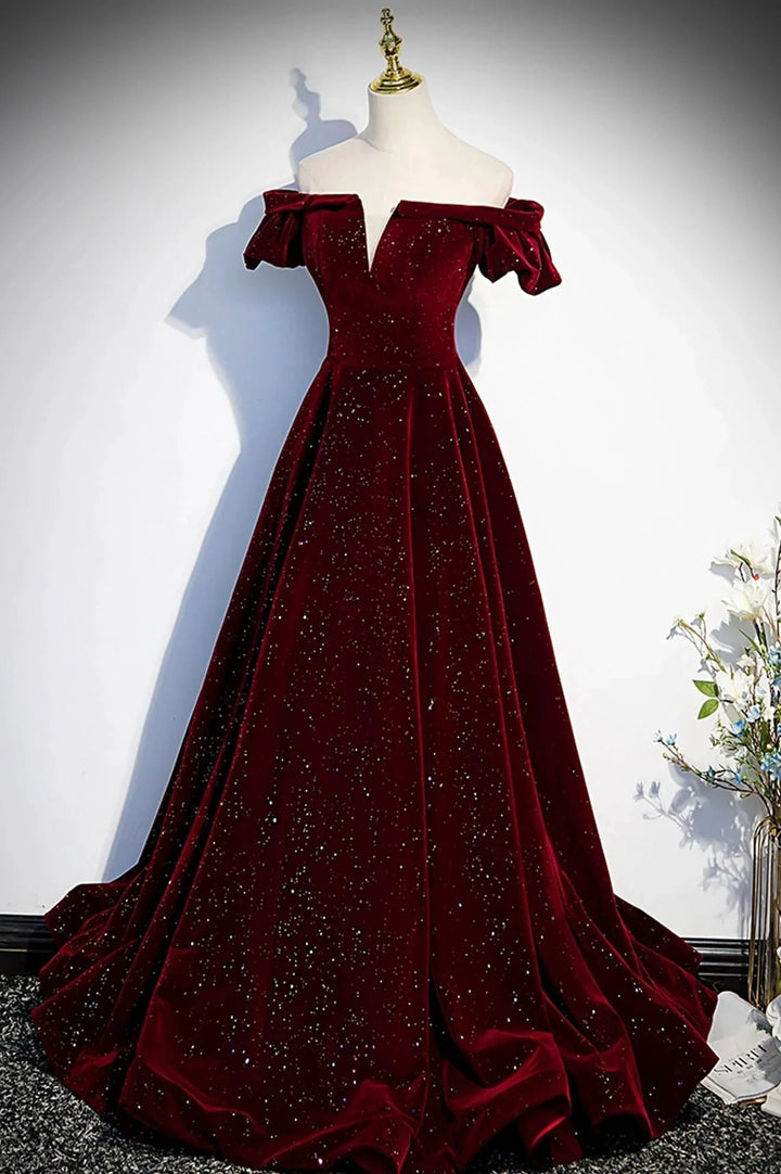 Burgundy velvet long prom dress A line evening dress s53 by simplepromdress