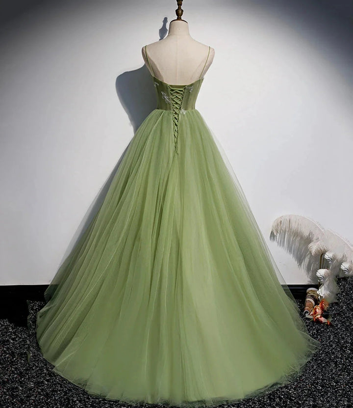 Green tulle long prom dress A line evening dress s56 by simplepromdress