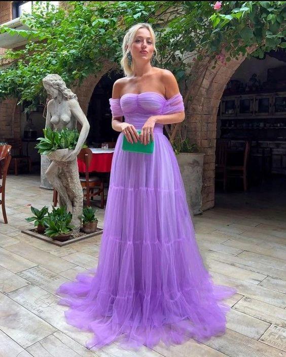 Lilac tulle long prom dress A line evening dress Y1308 by simplepromdress
