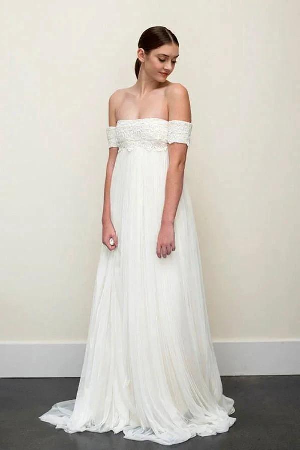 Floor Length A-line Off-the-shoulder Backless Chiffon Wedding Dress WD072 by pgmdress