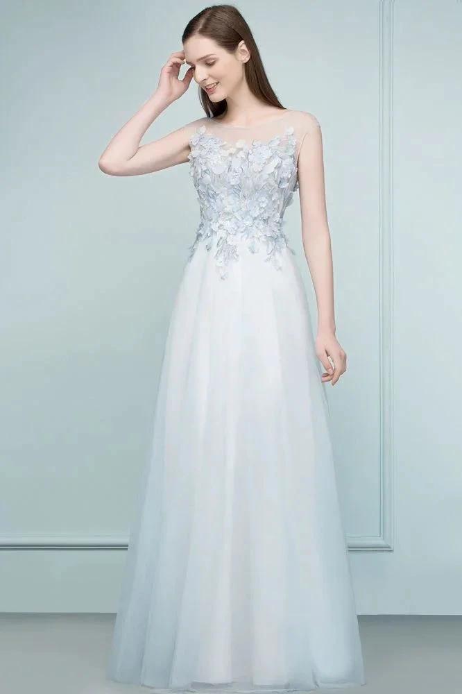 Floor Length A-line Sleeveless Appliqued Flowers Tulle Prom Dresses by misshow.com