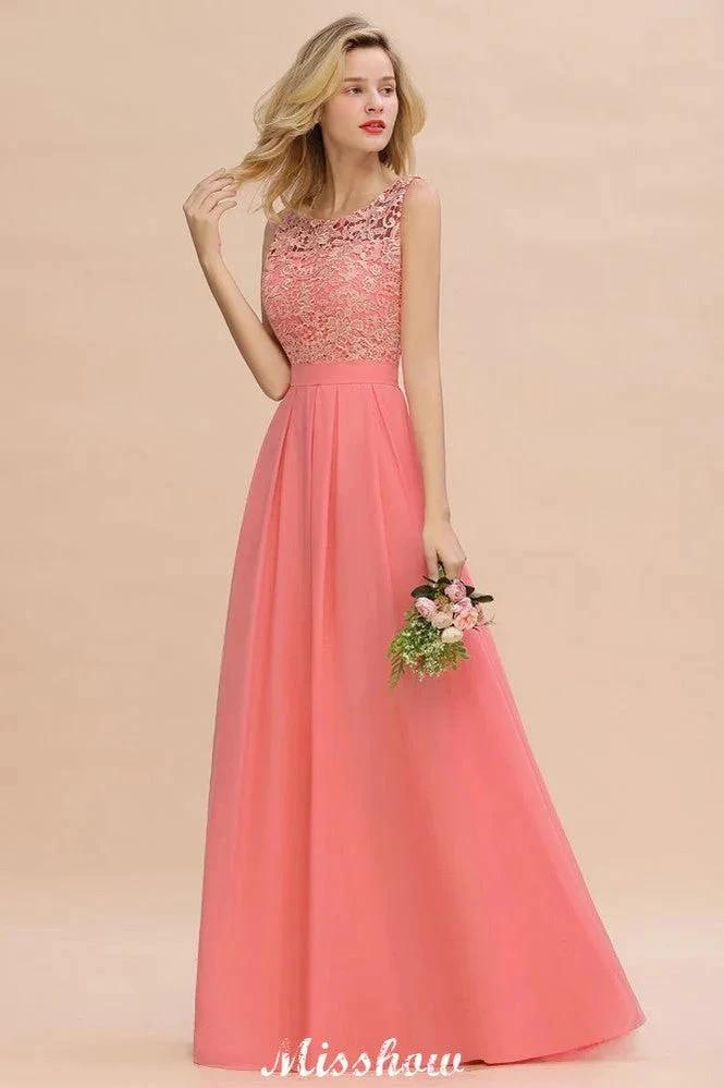 Floral Lace A-line Simple Wedding Dress Sleeveless Maxi Bridesmaid Dress by misshow.com
