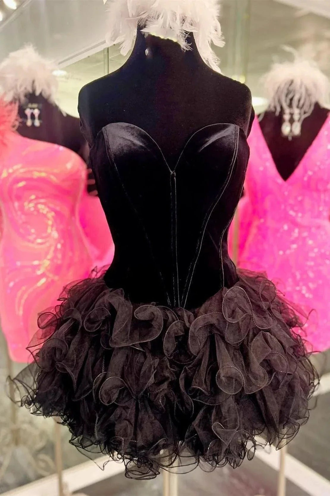 Black Velvet Strapless Ruffles Short Homecoming Dress by KissProm