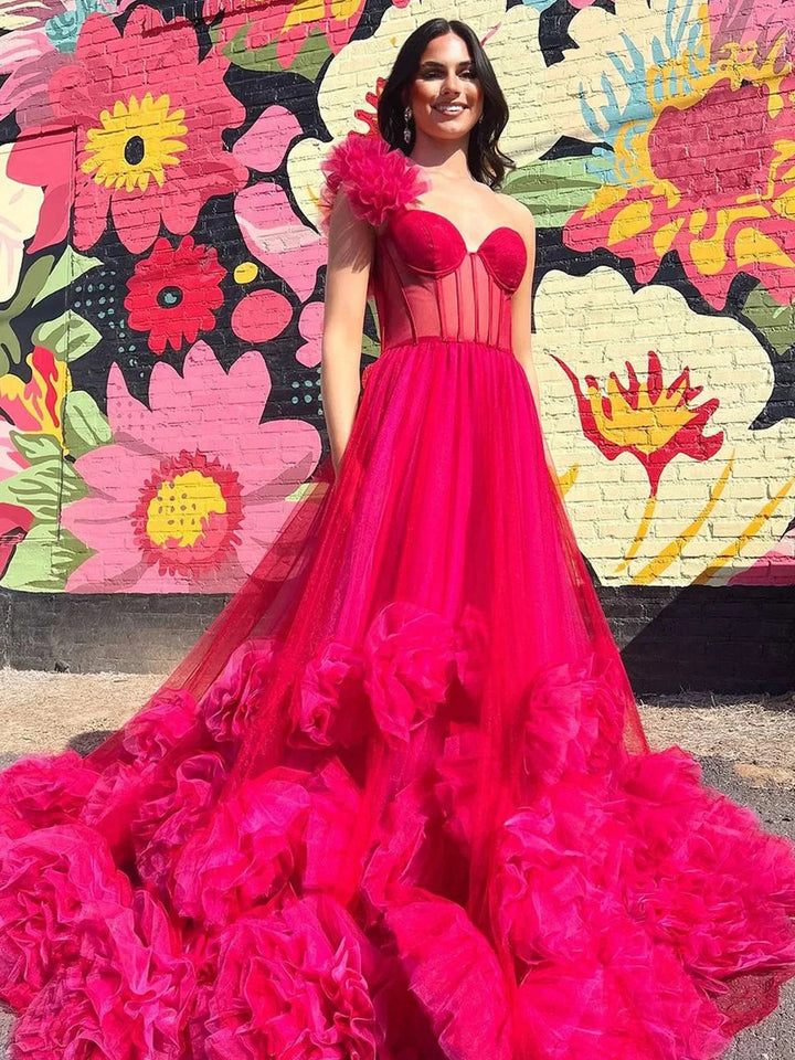 Fran | Hot Pink Ball Gown One-Shoulder Tulle Prom Dresses by KissProm