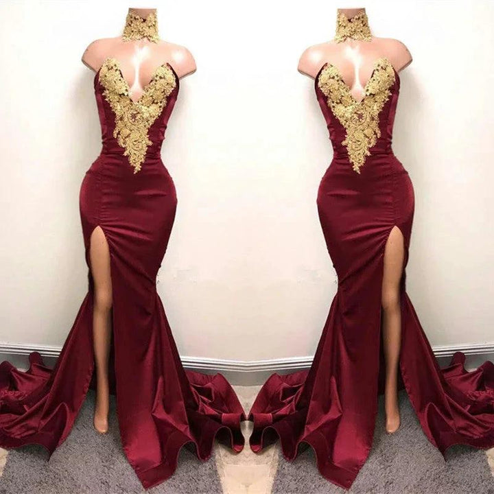Front-Split High Neck Mermaid Burgundy Lace Appliques Prom Dresses by misshow.com