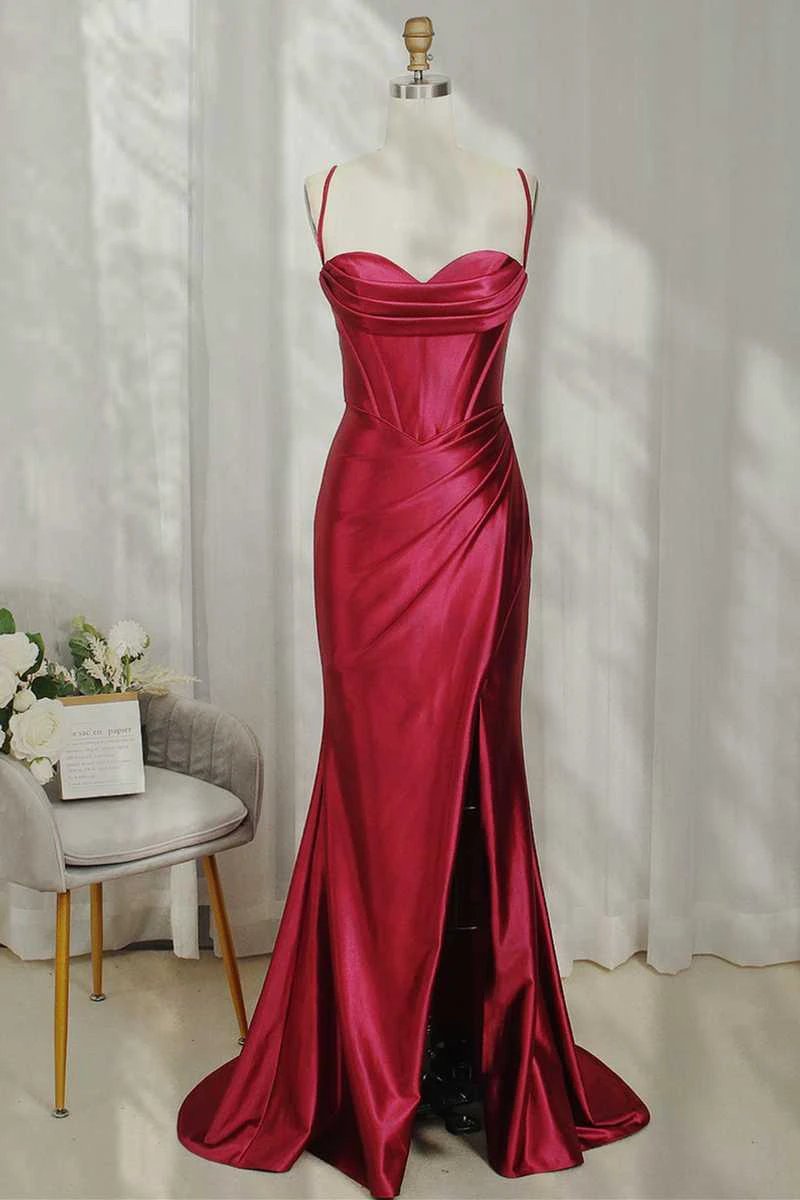 Hot Pink Spaghetti Straps Satin Mermaid Prom Dress with Slit by KissProm