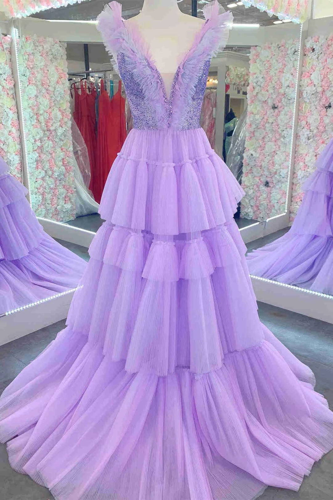 Stacy | Sequin Top Lavender Tiered Tulle Long Formal Dress by KissProm