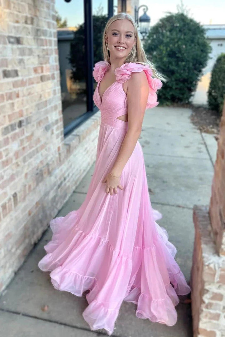 Aadhya | Lace-Up Fuchsia V-Neck Ruffle Pleated Long Prom Dress by KissProm
