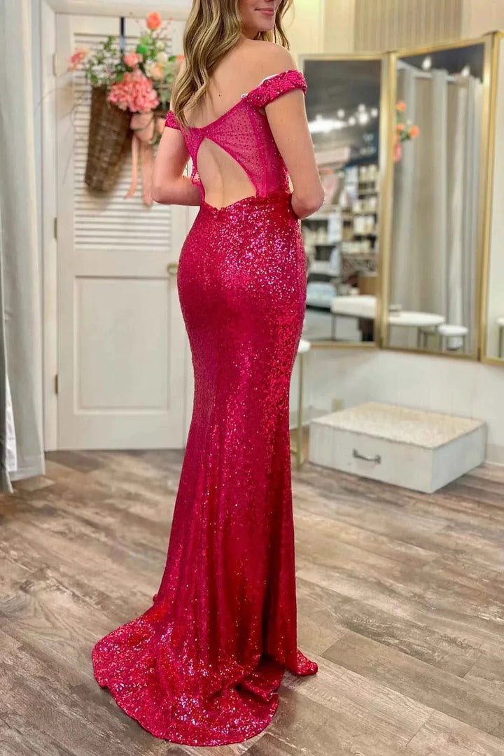 Amy | Mermaid Off the Shoulder Magenta Sequin Prom Dress with Appliques by KissProm