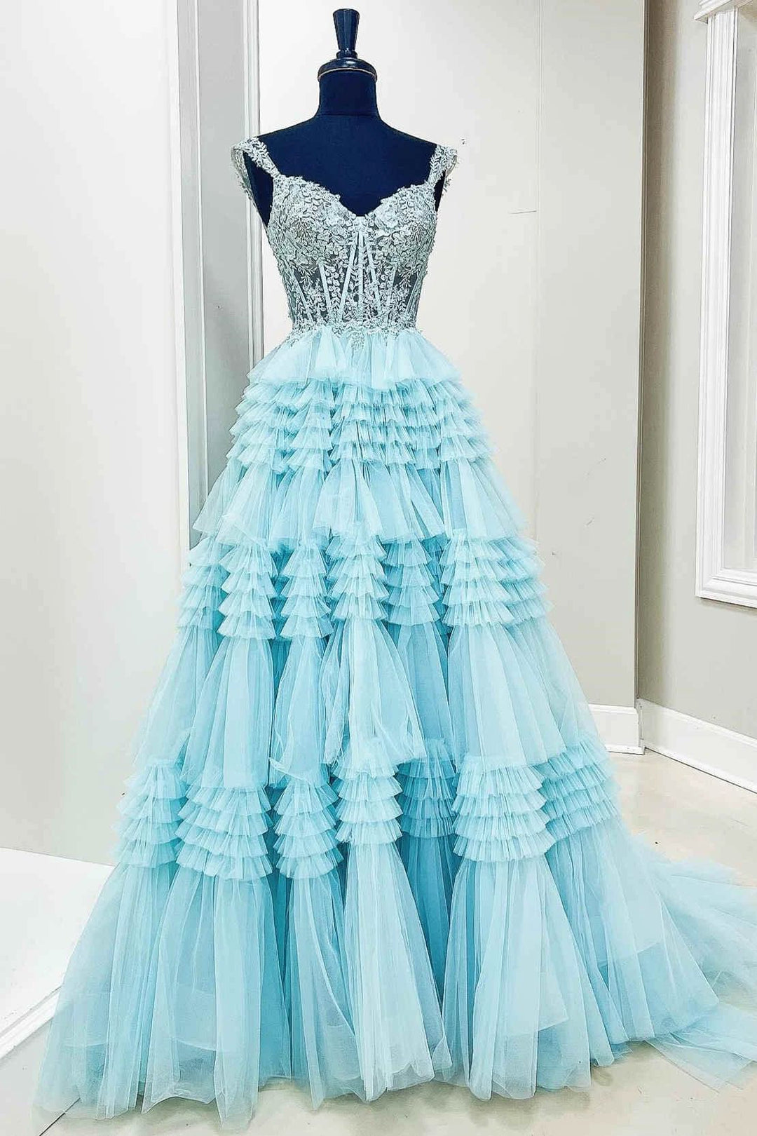 Elina | Red Tulle Off-the-Shoulder Ruffle Tiered Long Prom Dress by KissProm