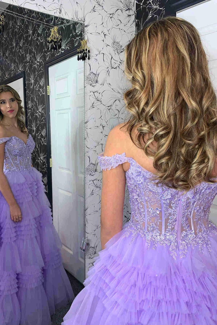 Elina | Red Tulle Off-the-Shoulder Ruffle Tiered Long Prom Dress by KissProm