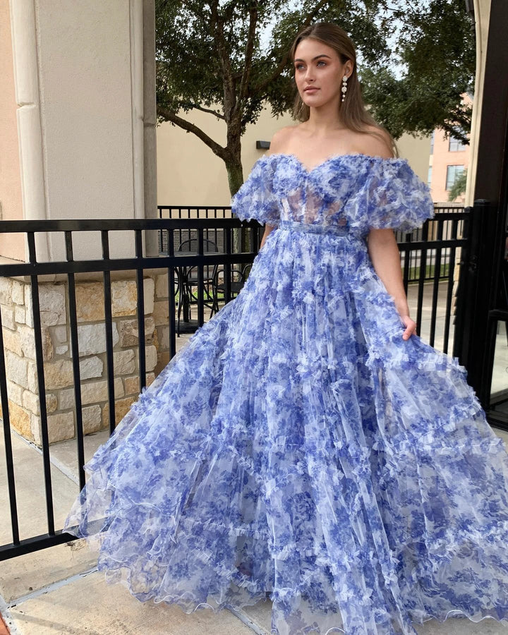 Sydney| Off the Shoulder Blue Floral Print Ruffled Tulle Prom Dress by KissProm