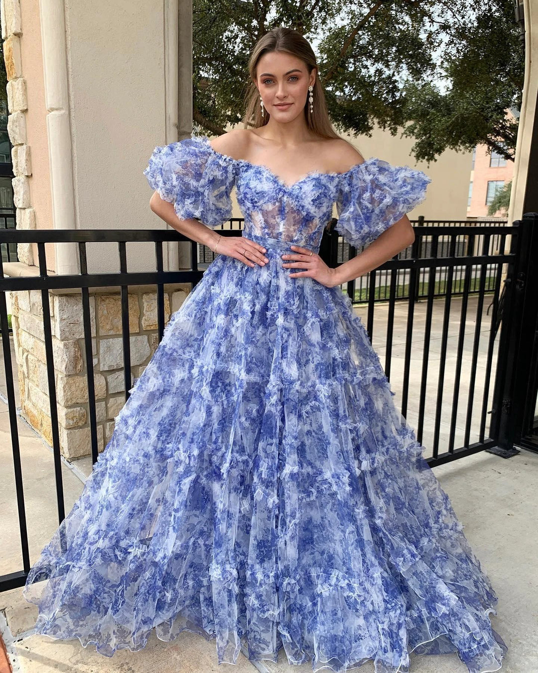 Sydney| Off the Shoulder Blue Floral Print Ruffled Tulle Prom Dress by KissProm