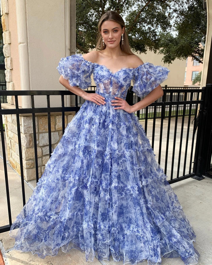 Sydney| Off the Shoulder Blue Floral Print Ruffled Tulle Prom Dress by KissProm