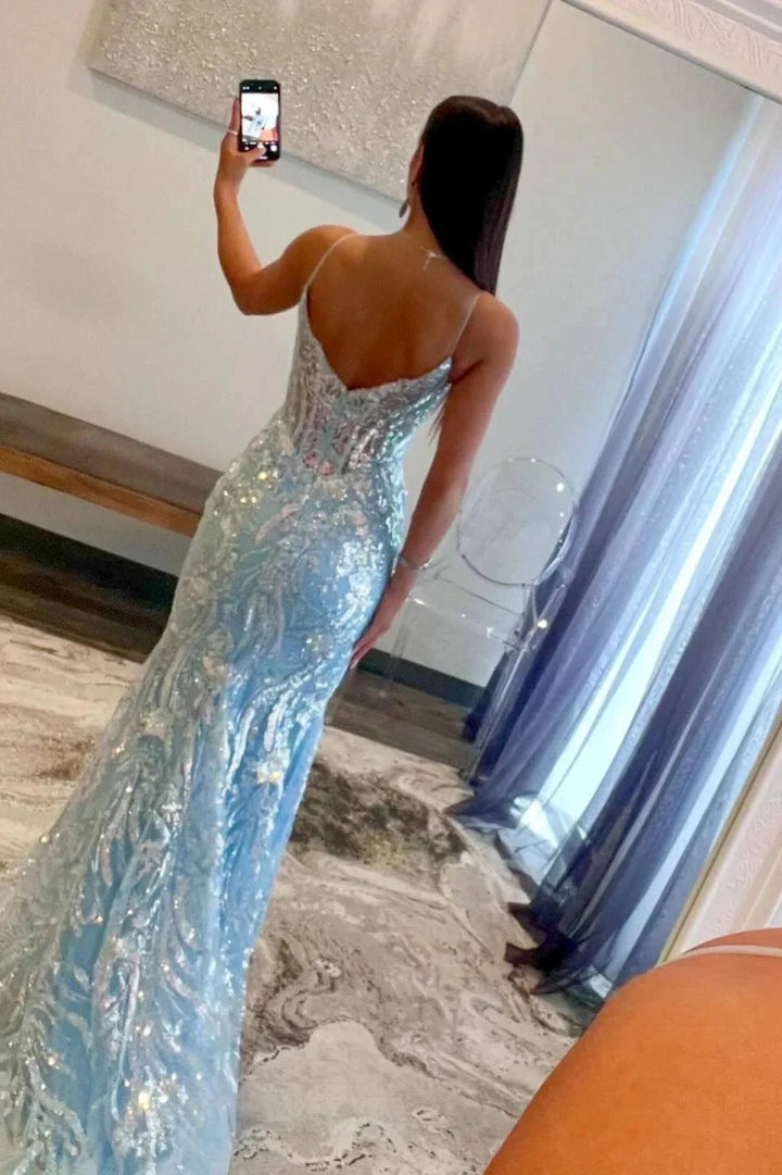 Margaret | Straps Light Blue V-Neck Sequin Appliques Mermaid Prom Dress by KissProm