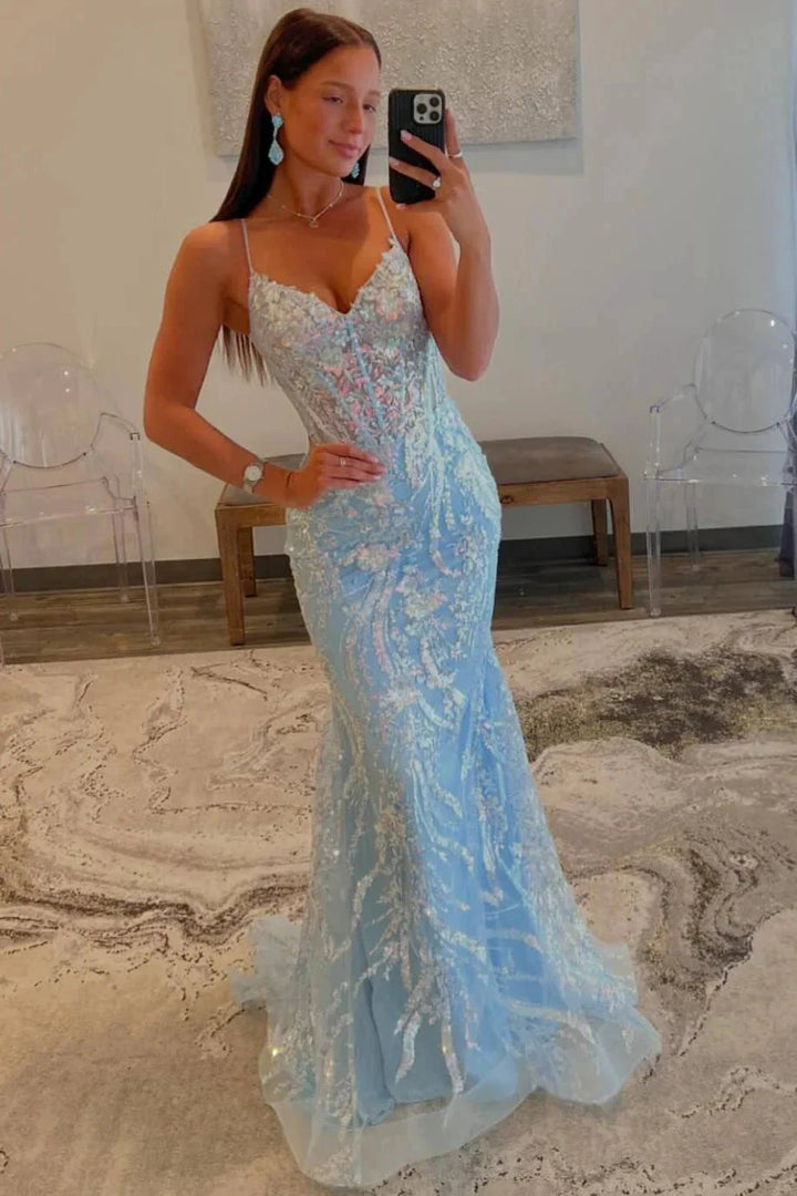 Margaret | Straps Light Blue V-Neck Sequin Appliques Mermaid Prom Dress by KissProm