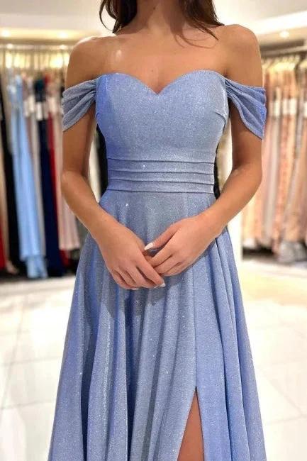 Glamorous Blue Long Glitter Off-the-shoulder Sleeveless Evening Dresses With Slit by misshow.com