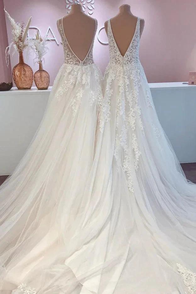 Glamorous Long A-Line Open Back Tulle Appliques Lace Wedding Dress by BIZTUNNEL