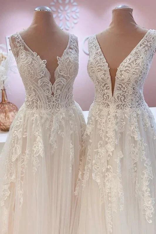 Glamorous Long A-Line Open Back Tulle Appliques Lace Wedding Dress by BIZTUNNEL