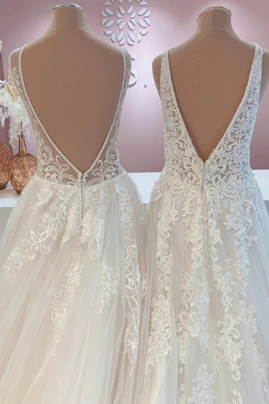 Glamorous Long A-Line Open Back Tulle Appliques Lace Wedding Dress by BIZTUNNEL