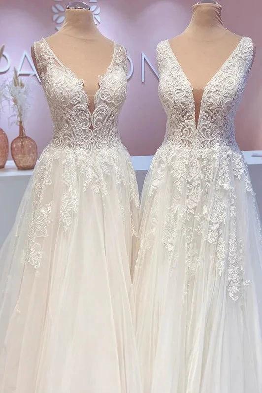 Glamorous Long A-Line Open Back Tulle Appliques Lace Wedding Dress by BIZTUNNEL
