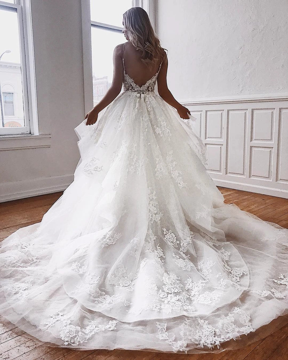 Glamorous Long A-Line Spaghetti-Straps Lace Appliques Wedding Dresses by BIZTUNNEL