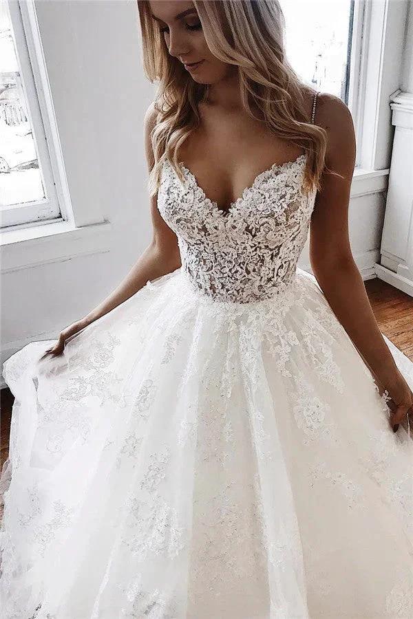 Glamorous Long A-Line Spaghetti-Straps Lace Appliques Wedding Dresses by BIZTUNNEL
