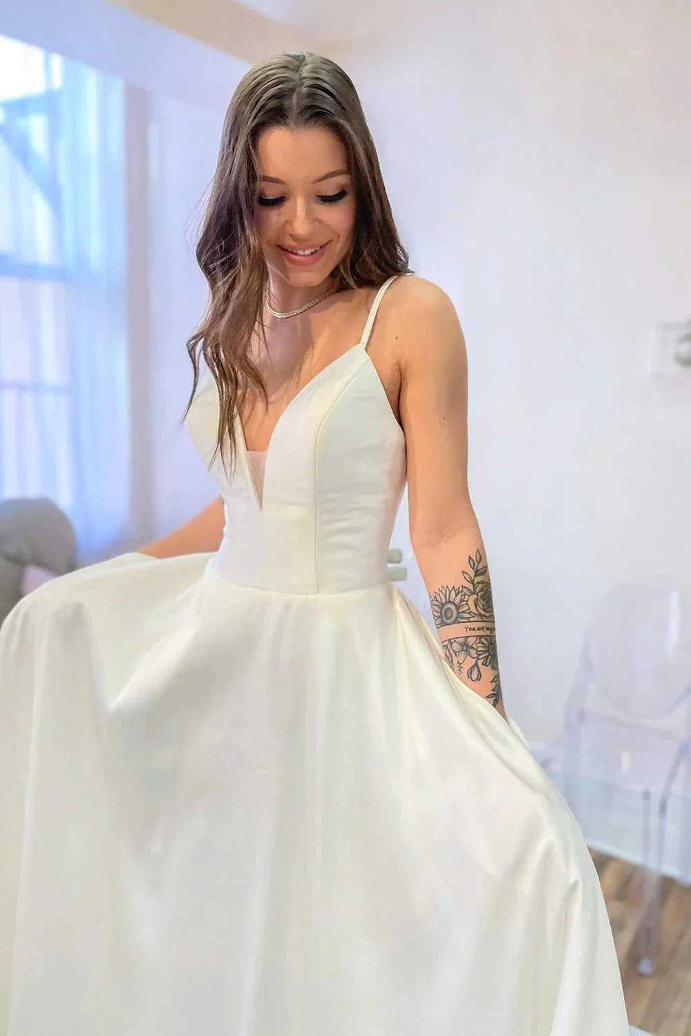 Glamorous Long A-Line Sweetheart Satin Backless Wedding Dress With Pockets by BIZTUNNEL
