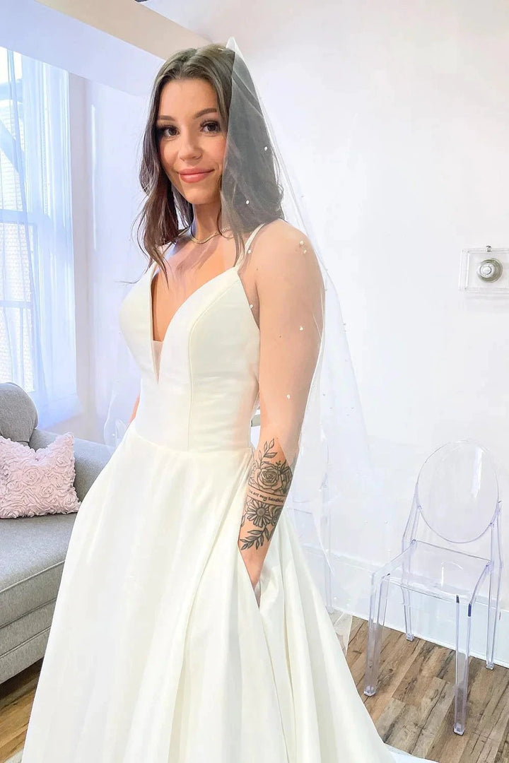 Glamorous Long A-Line Sweetheart Satin Backless Wedding Dress With Pockets by BIZTUNNEL