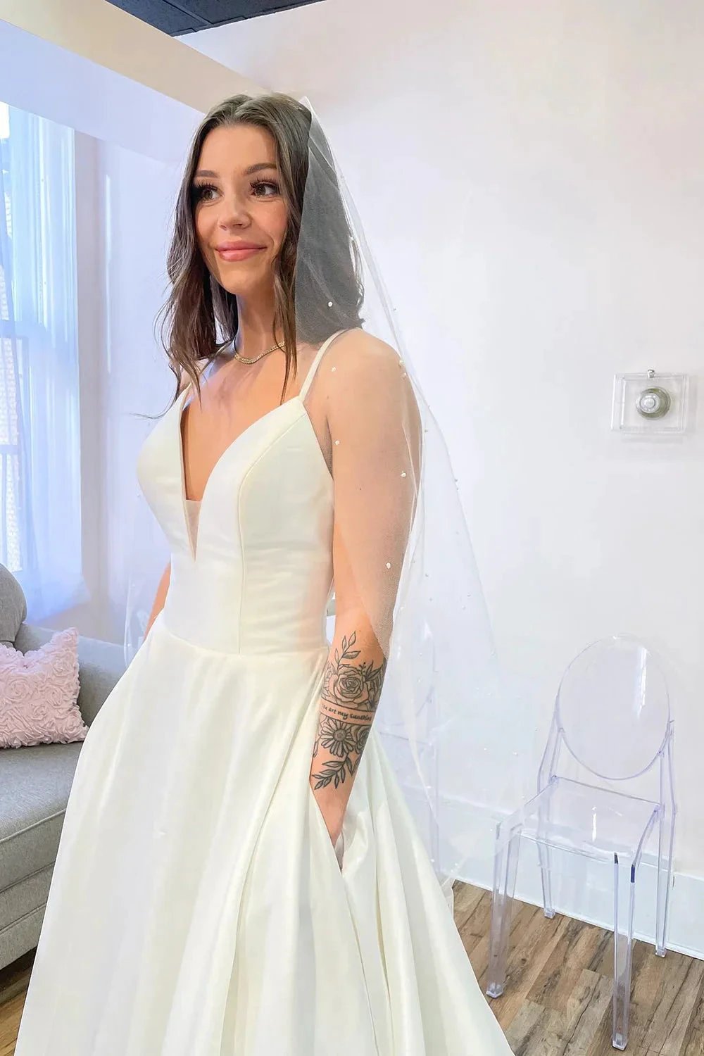 Glamorous Long A-Line Sweetheart Satin Backless Wedding Dress With Pockets by BIZTUNNEL