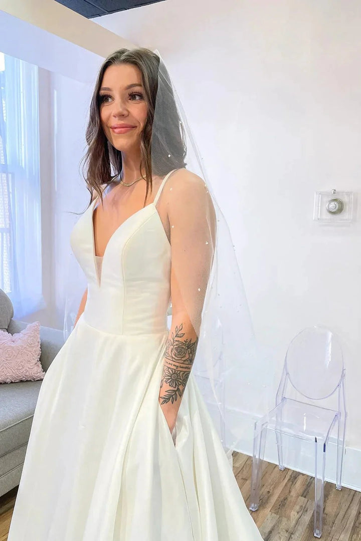 Glamorous Long A-Line Sweetheart Satin Backless Wedding Dress With Pockets by BIZTUNNEL