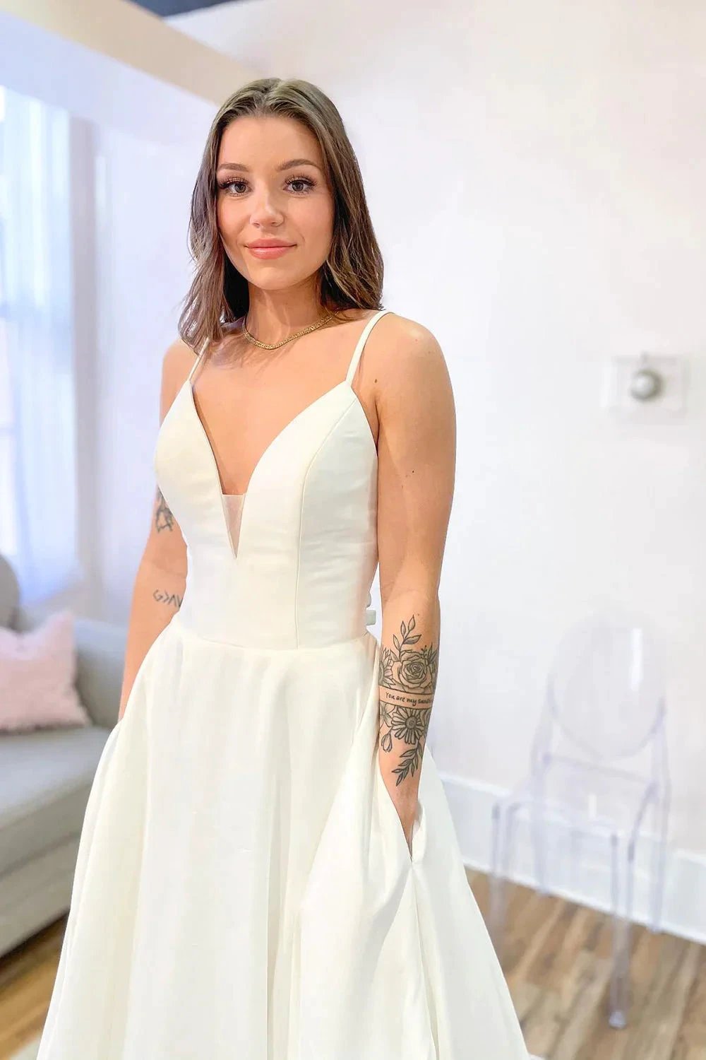 Glamorous Long A-Line Sweetheart Satin Backless Wedding Dress With Pockets by BIZTUNNEL