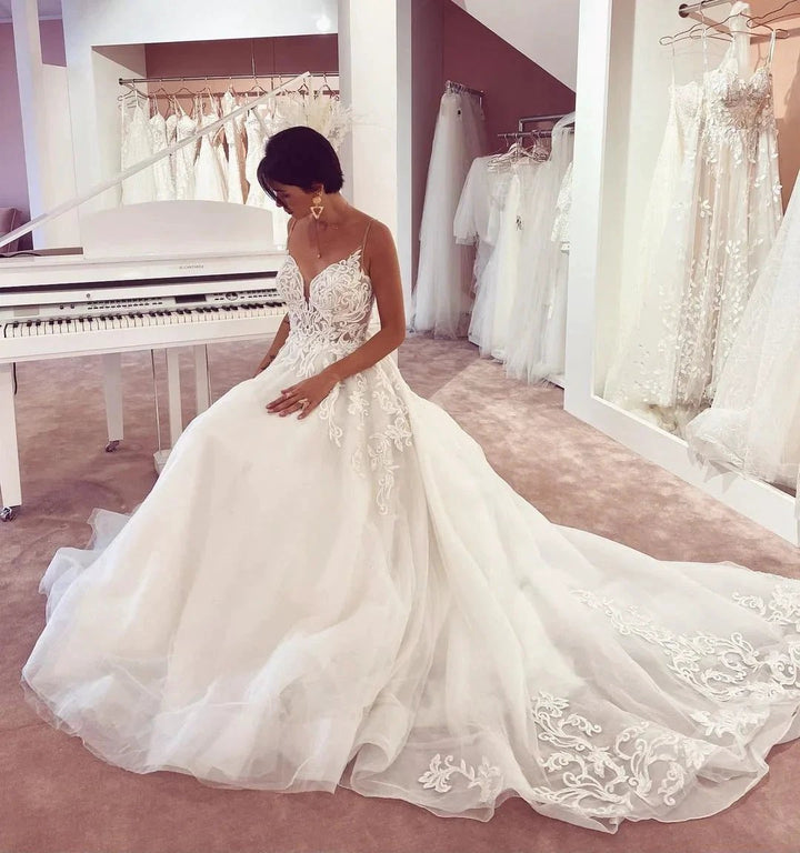 Glamorous Long A-Line V-neck Appliques Lace Tulle Wedding Dress by BIZTUNNEL