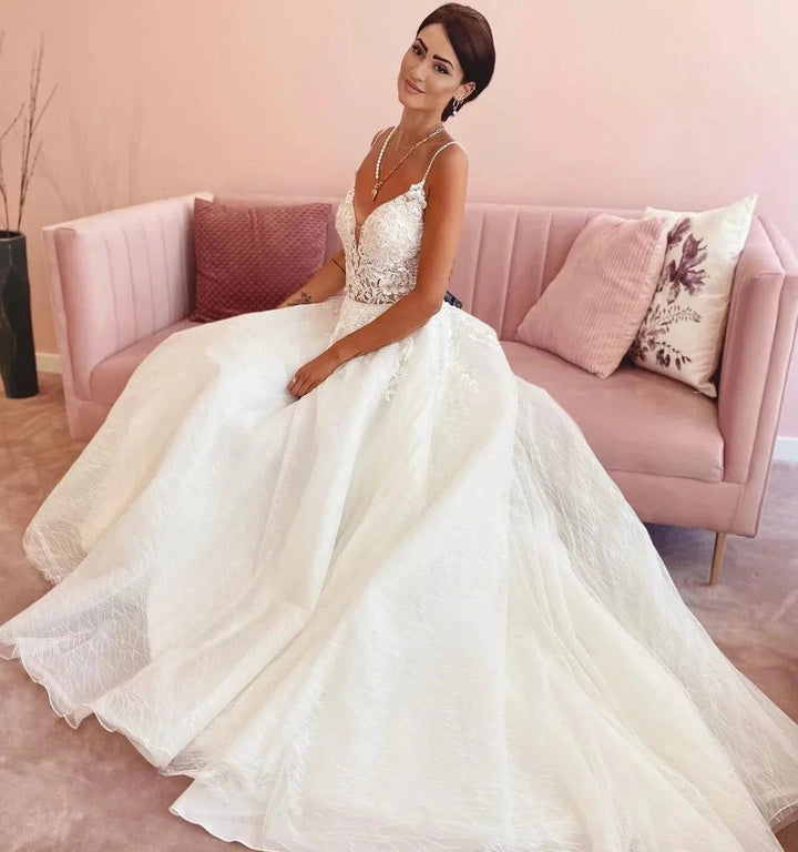 Glamorous Long A-Line V-neck Appliques Lace Tulle Wedding Dress by BIZTUNNEL