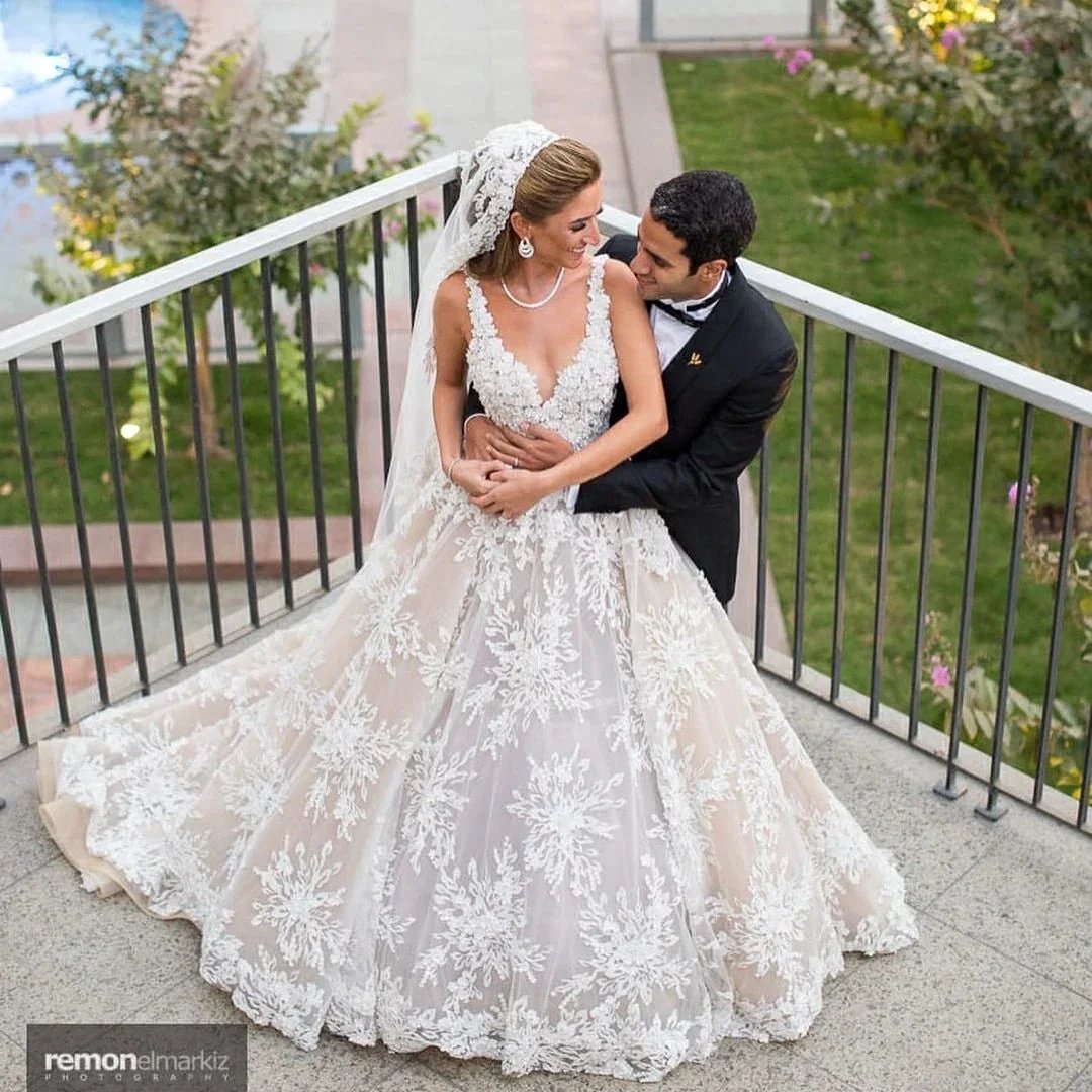 Glamorous Long A-line V-neck Lace Wedding Dress by BIZTUNNEL