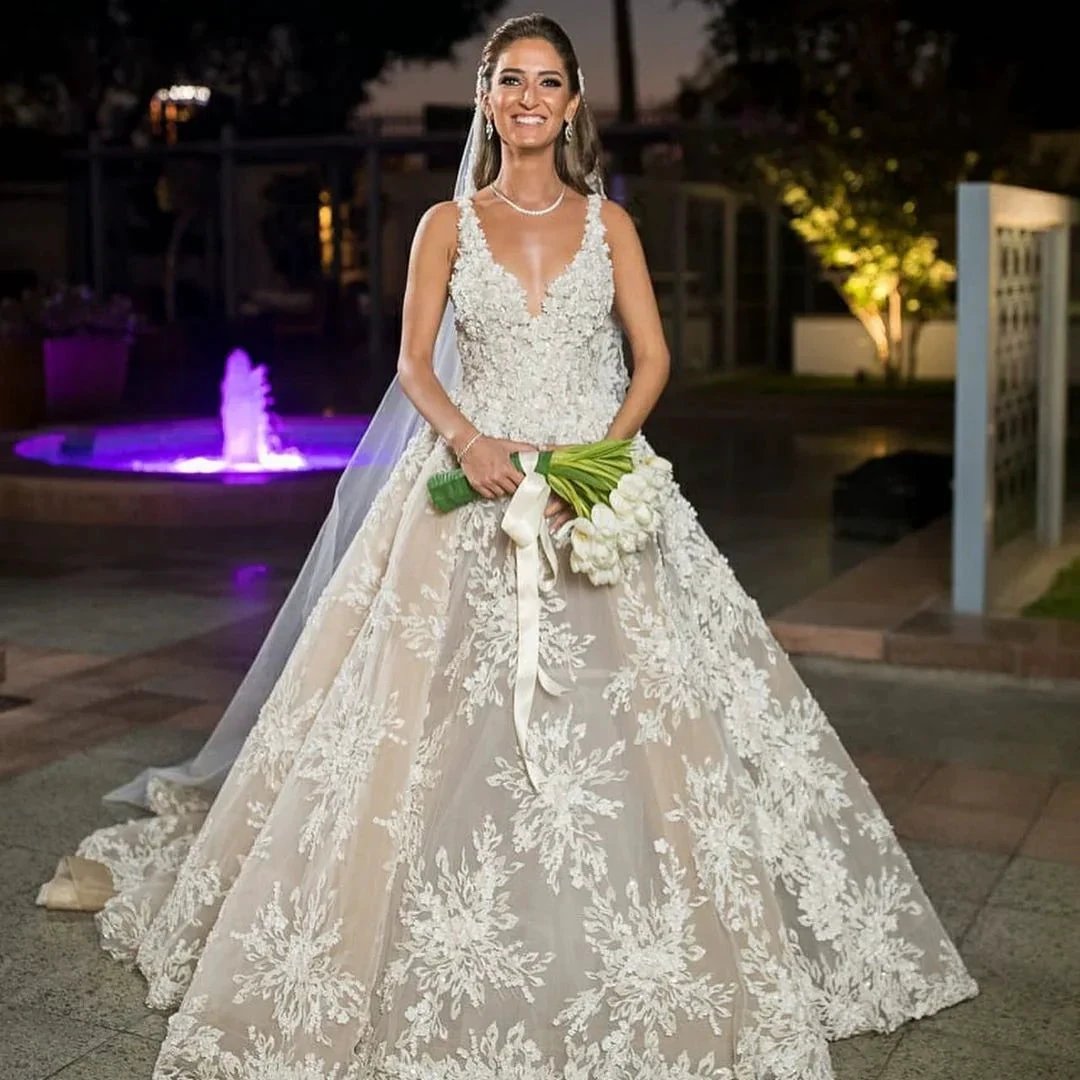 Glamorous Long A-line V-neck Lace Wedding Dress by BIZTUNNEL