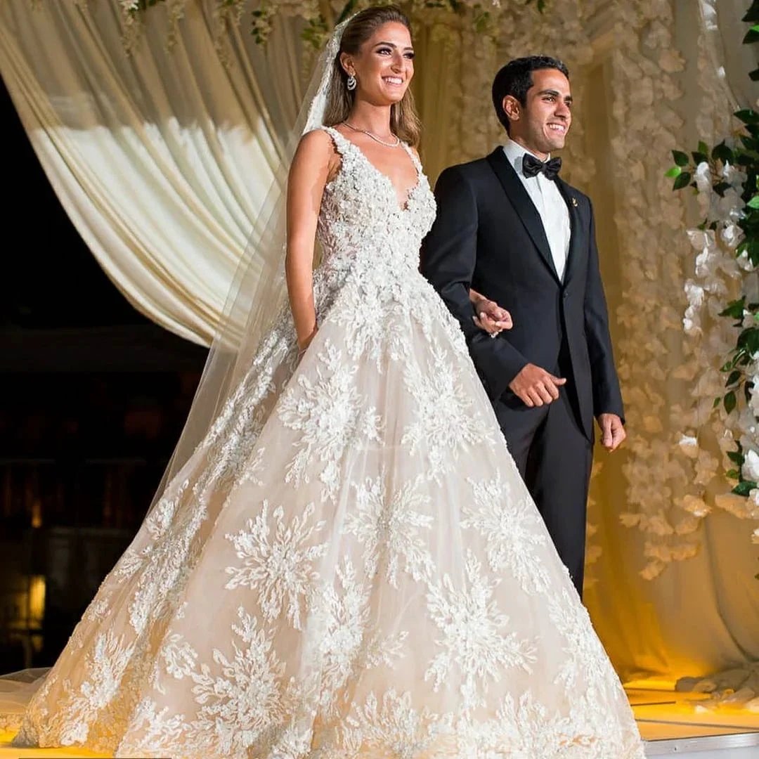 Glamorous Long A-line V-neck Lace Wedding Dress by BIZTUNNEL