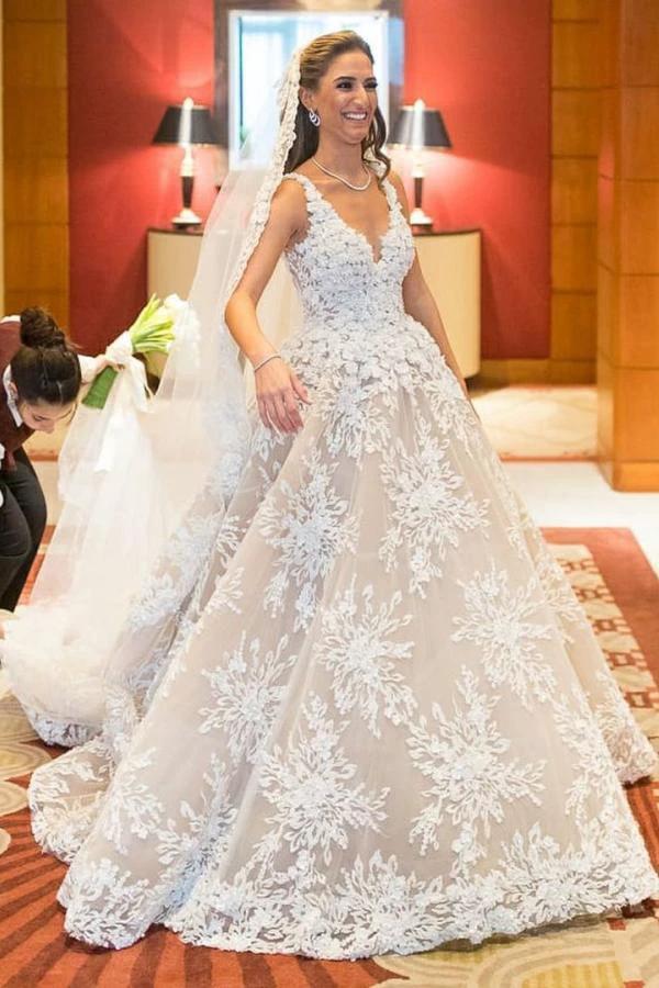 Glamorous Long A-line V-neck Lace Wedding Dress by BIZTUNNEL